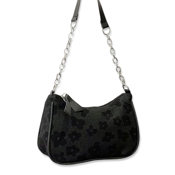 Black floral print faux leather shoulder bag with silver chain | NWT - Picture 3 of 5